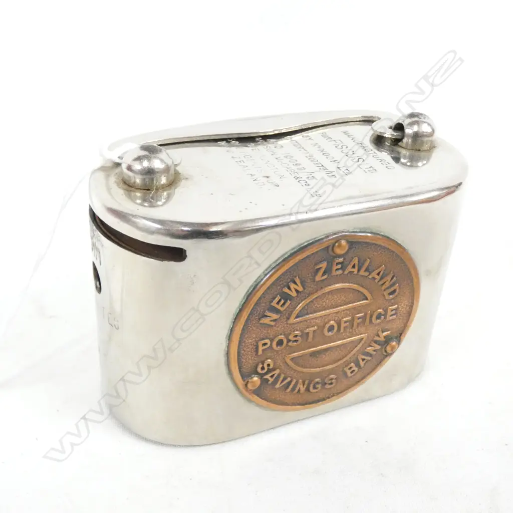 NZ POST OFFICE SAVINGS BANK - CHROME & BRASS MONEY BOX L.100 H. 65MM Image 1++